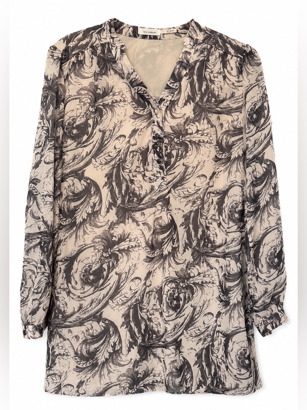 Blu Pepper Cream and Black Floral V-Neck Tunic- S